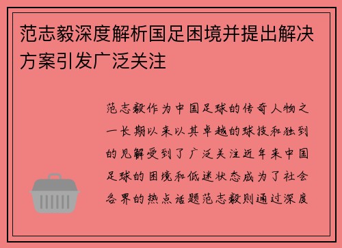 范志毅深度解析国足困境并提出解决方案引发广泛关注