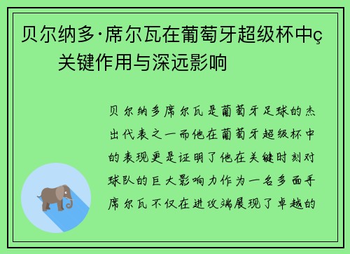 贝尔纳多·席尔瓦在葡萄牙超级杯中的关键作用与深远影响 贝尔纳多·席尔瓦在葡萄牙超级杯中的关键作用与深远影响