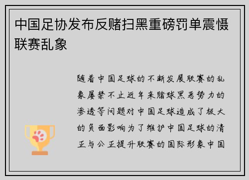 中国足协发布反赌扫黑重磅罚单震慑联赛乱象