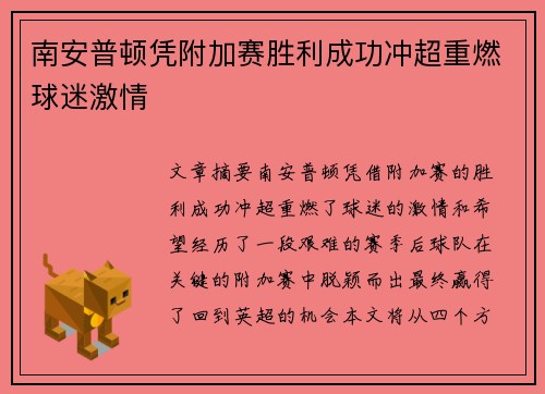 南安普顿凭附加赛胜利成功冲超重燃球迷激情